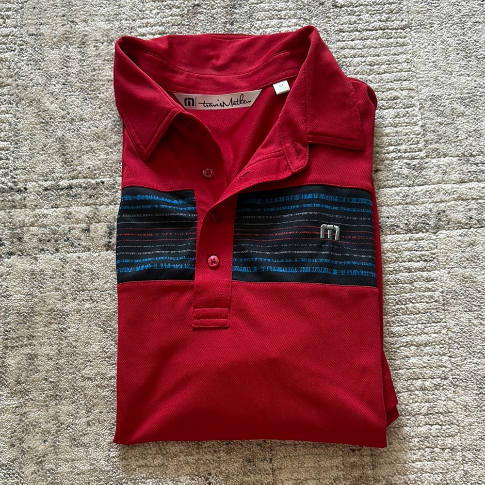 Travis Mathew Red Polo Shirt with Blue Accents